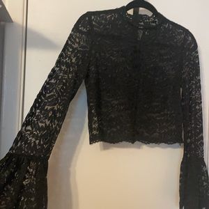 High-neck lace bell-sleeve crop top